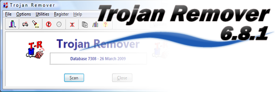The Trojan Remover main window showing the Scan and Close buttons, version 6.8.1